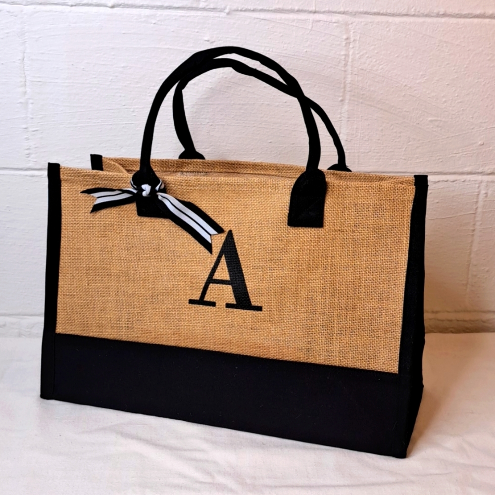Burlap Boho Trendy Initial A Tote